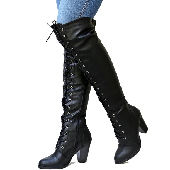 New Black Over Knee Combat Lace Up Heel Boots - Picture 2 of 5